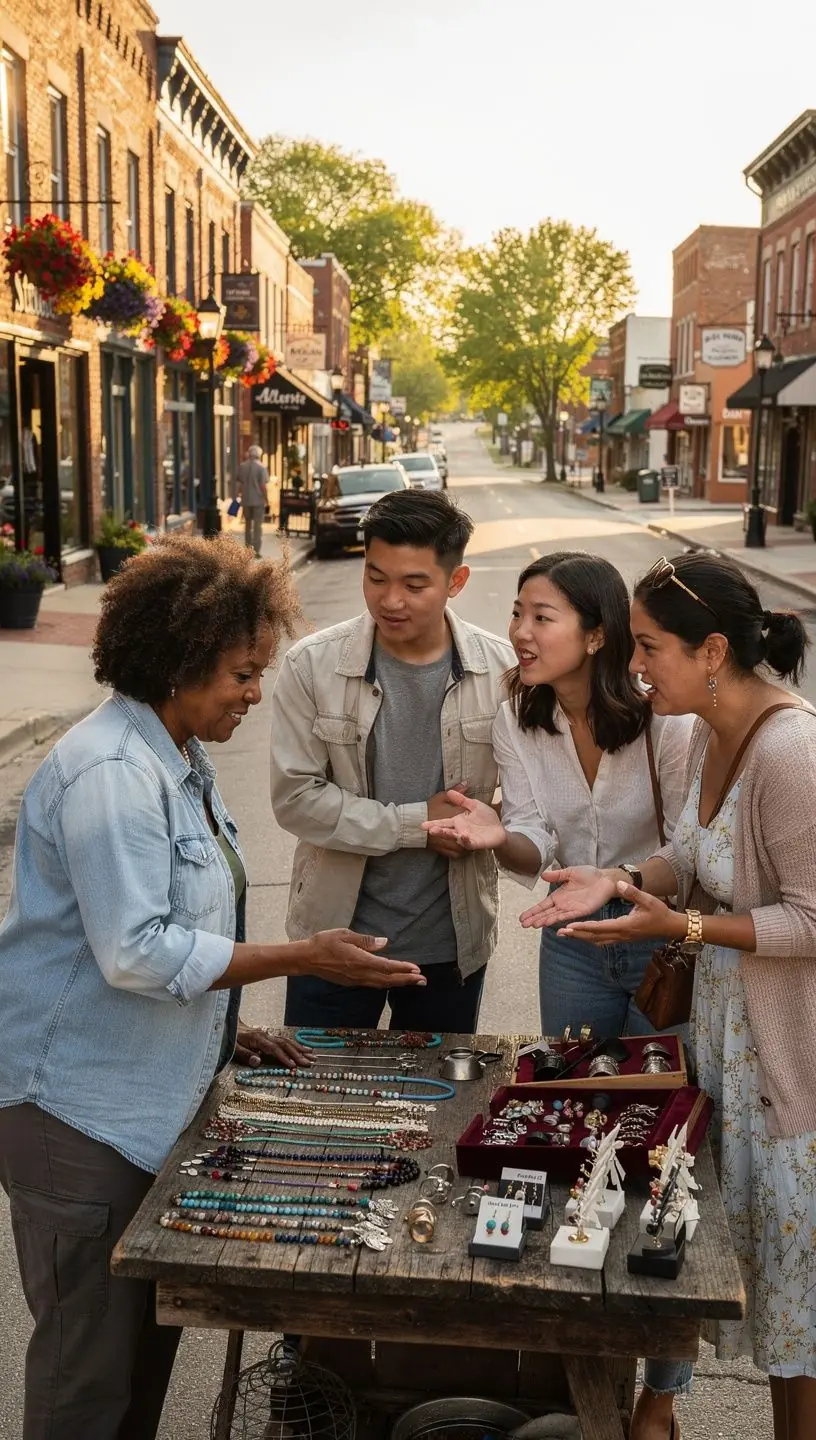 Пара исследует живописные улочки маленького городка, общаясь с местными ремесленниками